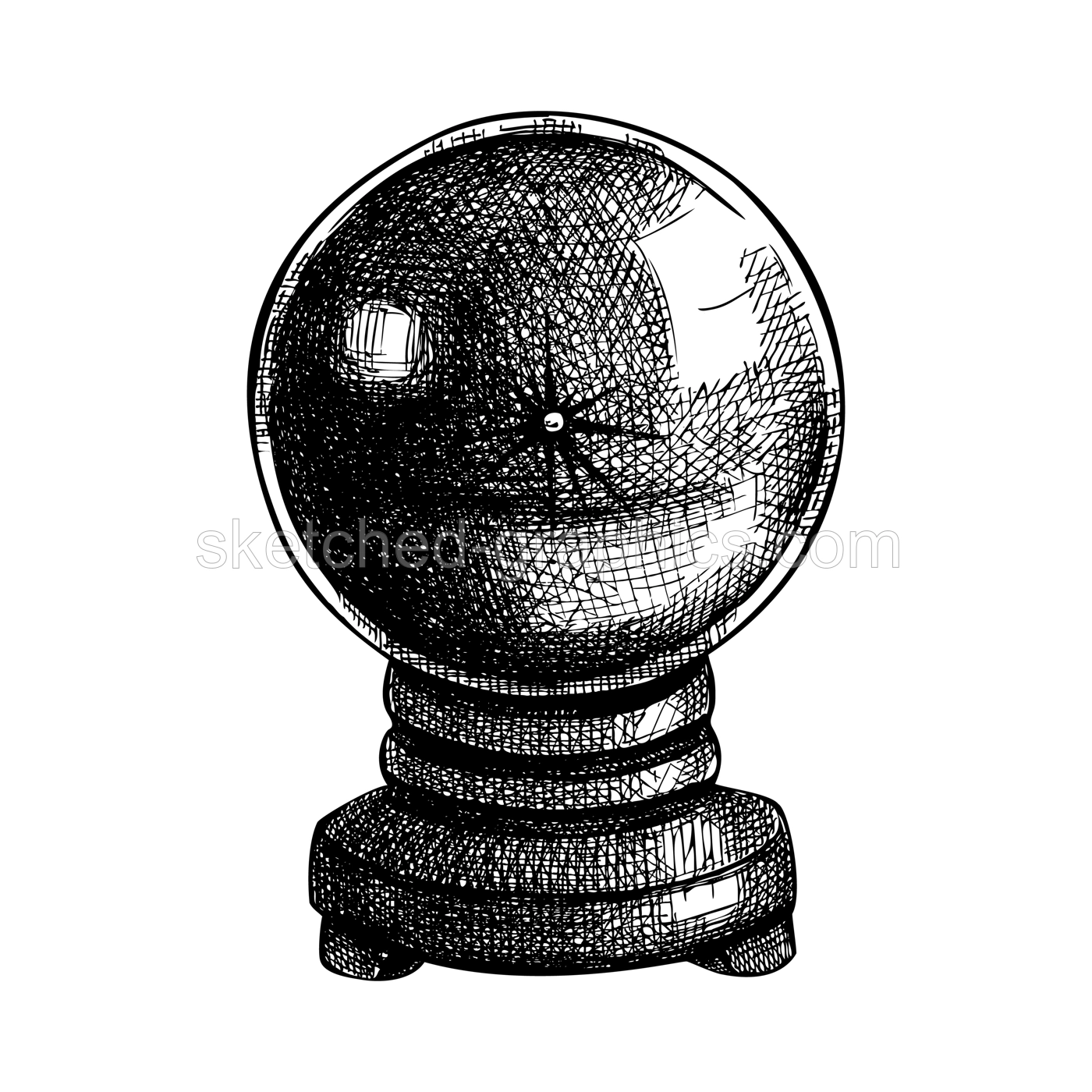 Witch crystal ball, speculum sketch. Witchcraft vector illustration. Vintage Halloween design element. Hand-drawn alchemical icon, esoteric symbols. NOT AI generated Illustration